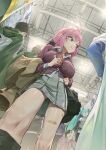  1other 2boys 3girls absurdres animal_on_shoulder bandaid_on_thigh breasts brown_jacket cardigan cat ceiling ceiling_light convention convention_hall cosplay from_below hange_zoe hatsune_miku highres indoors jacket jhigf levi_(shingeki_no_kyojin) multiple_boys multiple_girls original overhead_lights pink_hair pleated_skirt purple_cardigan shingeki_no_kyojin shirt skirt unworn_jacket vocaloid white_shirt 
