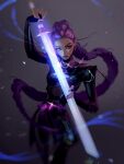  1girl absurdres black_bodysuit bodysuit braid brown_eyes earrings fighting_stance glowing glowing_sword glowing_weapon highres holding holding_sword holding_weapon jewelry jiunn_kuo kpop_demon_hunters leather long_hair long_sleeves looking_at_viewer purple_hair rumi_(kpop_demon_hunters) serious simple_background single_braid solo sword very_long_hair weapon 