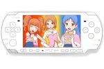  1boy 3girls alternate_eye_color blue_eyes blue_hair blush breasts brown_eyes brown_hair capelet closed_eyes commentary_request dress earrings facing_viewer gloves hagiwara_yukiho hand_grab handheld_game_console holding_another&#039;s_wrist idolmaster idolmaster_(classic) idolmaster_sp jewelry kisaragi_chihaya long_hair looking_at_viewer minazuki_tsuyuha multiple_girls open_mouth pink_capelet pink_dress playstation_portable pov pov_hands producer_(idolmaster) short_hair simple_background smile snow_strawberry_(idolmaster) sony strapless takatsuki_yayoi twintails white_background white_gloves 