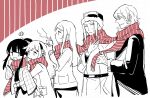  2boys 3girls 5girls absurdres bushidou_(sekaiju) bushidou_2_(sekaiju) coat cup curse_maker curse_maker_1 doctor_magus doctor_magus_4 earmuffs fringe_trim fur-trimmed_headwear fur_trim hand_up highres holding holding_cup jacket long_sleeves mug multiple_boys multiple_girls nikki_kyousuke open_mouth paladin_(sekaiju) paladin_2_(sekaiju) ponytail ranger_(sekaiju) ranger_1_(sekaiju) red_scarf scar scarf sekaiju_no_meikyuu shared_clothes shared_scarf sidelocks small_sweatdrop striped_clothes striped_scarf sweat vertical-striped_clothes vertical-striped_scarf wide_sleeves 