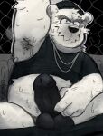 anthro armpit_tuft balls beanie bear belly black_and_white black_penis bodily_fluids chain_necklace clothed clothing club_penguin darkened_balls darkened_genitalia darkened_penis erection eyebrow_piercing facial_piercing facial_tuft fiaskko front_view fur furrowed_brow genitals hat headgear headwear herbert_p._bear hi_res holding_penis humanoid_genitalia humanoid_penis jewelry looking_at_viewer male mammal monochrome musk musk_clouds musky_armpit necklace overweight overweight_anthro overweight_male penis piercing polar_bear presenting_armpit raised_arm raised_clothing raised_shirt raised_topwear shirt sitting solo sweat sweaty_armpit topwear tuft ursine white_body white_fur