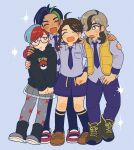  2hyu_00 :d ^_^ arven_(pokemon) black_boots black_hair black_hoodie blue_eyes blue_hair blue_pants blue_shirt blue_shorts blush_stickers boots braid bright_pupils brown_boots brown_hair brown_shoes closed_eyes closed_mouth collared_shirt commentary_request dark-skinned_female dark_skin frown full_body glasses green_hair grey_hair grey_pantyhose grey_skirt highres hood hoodie juliana_(pokemon) korean_commentary lace-up_boots long_hair long_sleeves nemona_(pokemon) open_clothes open_mouth open_vest pants pantyhose penny_(pokemon) pleated_skirt poke_ball_print pokemon pokemon_sv print_hoodie print_pantyhose red_hair red_shoes round_eyewear shirt shoes short_hair shorts single_braid skirt smile standing sweatdrop vest white_pupils yellow_vest 