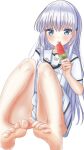  1girl :o absurdres bare_legs barefoot blue_eyes blush commentary convenient_leg feet food foot_focus foreshortening full_body hair_behind_ear hair_between_eyes hair_ornament hairclip hand_up highres holding holding_food holding_popsicle knees_up koroneruko long_hair looking_at_viewer miniskirt naruse_shiroha open_mouth parallel_hairclips popsicle sailor_collar school_uniform serafuku shirt sidelocks simple_background sitting skirt soles solo summer_pockets toenails toes very_long_hair watermelon_bar white_background white_hair white_sailor_collar white_serafuku white_shirt white_skirt 