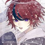  1boy black_hair blue_eyes chinese_commentary commentary_request commission eyes_visible_through_hair grey_jacket hair_between_eyes hand_up highres hood hoodie jacket jacket_over_hoodie long_sleeves luzhujiang male_focus multicolored_hair open_clothes open_jacket open_mouth portrait red_hair short_hair sleeves_past_fingers sleeves_past_wrists smile solo streaked_hair sumino_takumi the_hundred_line_-last_defense_academy- too_many_watermarks two-tone_hair watermark white_hoodie 