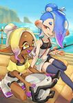  2girls black_thighhighs blonde_hair blue_hair blurry blurry_background breasts cephalopod_eyes cleavage closed_mouth colored_eyelashes colored_tips commentary_request crop_top dark-skinned_female dark_skin earrings eyelashes fangs fish_hook_earrings frye_(splatoon) frye_(splatoon_raiders) gari_osushi hair_over_one_eye highres inkling jewelry long_hair long_pointy_ears looking_at_another multicolored_hair multiple_girls navel octoling official_alternate_costume open_mouth outdoors pointy_ears purple_hair red_eyes red_pupils shiver_(splatoon) shiver_(splatoon_raiders) short_eyebrows single_earring slosher_(splatoon) small_breasts smile splatoon_(series) splatoon_raiders star-shaped_pupils star_(symbol) symbol-shaped_pupils tentacle_hair thick_eyebrows thighhighs topknot two-tone_hair yellow_eyes 