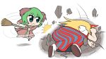  2girls :3 animal_ears bkub_(style) blonde_hair blue_skirt broom brown_dress closed_mouth commentary daniel_renard dog_ears dog_girl dress floppy_ears full_body green_eyes green_hair hitting holding holding_broom horns hoshiguma_yuugi kasodani_kyouko long_hair long_sleeves looking_at_another meme multiple_girls red_horns red_skirt shirt short_hair simple_background single_horn skirt smile star_(symbol) striped_clothes striped_skirt symbol-only_commentary touhou vertical-striped_clothes vertical-striped_skirt white_background white_shirt yamcha_pose_(meme) 