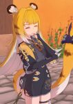  1girl absurdres animal_ear_fluff animal_ears black_gloves black_shorts blonde_hair cropped_jacket elbow_gloves fingerless_gloves gloves highres jacket ju_fufu long_hair multicolored_hair shirt shorts solo striped_hair tail tiger_ears tiger_girl tiger_stripes tiger_tail user_zywk2432 yellow_jacket zenless_zone_zero 