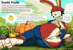 absurd_res anal anal_penetration anthro anus clothed clothing day detailed_background dialogue english_text female food food_fetish food_in_ass food_insertion food_play fruit fur genitals hi_res improvised_sex_toy lagomorph leporid mammal object_insertion outside partially_clothed penetration plant rabbit scut_tail short_tail solo tail text vulva yoelrabbit