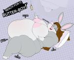 2025 anthro bugs_bunny can&#039;t_reach clothed clothing crossdressing ejaculation english_text eyeliner femboy fupa hi_res lagomorph leporid lipstick looney_tunes lying makeup male mammal moobs morbidly_obese morbidly_obese_male narrowed_eyes obese obese_male on_back orgasm overweight overweight_male pillow puhba rabbit solo squint text warner_brothers wig