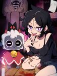  1girl absurdres andrew_graves artist_name ashley_graves bare_shoulders black_bra black_hair black_shirt black_shorts blood blood_on_ground bongfill bra breasts character_request cleavage copyright_request crossover cult_of_the_lamb group_picture highres medium_breasts off-shoulder_shirt off_shoulder purple_eyes see-through_clothes see-through_shirt shirt shorts the_coffin_of_andy_and_leyley the_lamb_(cult_of_the_lamb) tongue tongue_out underwear 