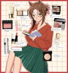  1girl alternate_costume animal_ears book border bottle brown_hair chanel clover_hair_ornament cosmetics face_powder fine_motion_(umamusume) green_eyes green_skirt hair_between_eyes hair_ornament hair_ribbon highres holding holding_book horse_ears horse_girl jewelry lipstick long_sleeves looking_at_viewer makeup open_book perfume_bottle pleated_skirt red_border red_shirt ribbon ring shirt skirt smile solo sumirebatake umamusume white_hair 