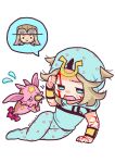  1other 2boys beanie beard blonde_hair blood blood_on_face blood_on_hands blue_eyes blue_hat blue_hoodie blue_pants brown_hat chibi chibi_only colored_skin cowboy_hat english_commentary facial_hair flying_sweatdrops goggles goggles_on_headwear grey_hair gyro_zeppeli hand_on_own_face hat highres hood hood_down hoodie horseshoe_hat_ornament horseshoe_ornament johnny_joestar jojo_no_kimyou_na_bouken m_a_a_m_8 male_focus medium_hair multiple_boys open_mouth pants pink_skin spoken_character stand_(jojo) star_(symbol) star_print steel_ball_run tusk_(stand) tusk_act1 white_background wristband 