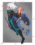  1boy black_bodysuit bodysuit border clenched_hand earrings facial_mark full_body green_hair grey_background highres jewelry laplace_(mega_man) male_focus medium_hair mega_man_(series) mega_man_star_force_(series) red_eyes simple_background solo_(mega_man) white_border yoruno_tori3 
