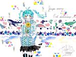  1girl 2016 abstract anniversary antenna_hair black_hair black_skirt black_thighhighs blonde_hair blue_eyes blue_hair blue_sweater collared_sweater commentary cowboy_shot dated ene_(kagerou_project) facial_mark fish flower highres holding holding_flower jinzou_enemy_(vocaloid) kagerou_project long_hair long_sleeves masking_tape_(medium) mixed_media multicolored_eyes narwhal nemuri! octopus open_mouth signature skirt smile solo song_name star_(symbol) sweater swimsuit thighhighs traditional_media twintails twitter_username two-tone_eyes unconventional_media whale white_background wide_sleeves yellow_flower zettai_ryouiki 