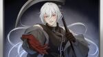 :d a_date_with_death black_gloves blush casper_(a_date_with_death) crossed_bangs doorway gloves grin hair_flowing_over highres holding holding_scythe jacket jacket_partially_removed jellyfish_cut looking_at_viewer multicolored_gloves non-web_source official_art open_mouth over_shoulder pillarboxed pov_doorway red_eyes red_gloves scythe sleeveless sleeveless_turtleneck smile turtleneck weapon weapon_over_shoulder white_hair 