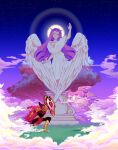  1boy 1girl angel_wings breasts colored_skin cookie_run cookie_run:_kingdom demon_girl demon_wings dress eternal_sugar_cookie highres holding holding_shield hollyberry_cookie kabooshkitm long_hair medium_breasts pink_hair pink_skin shield very_long_hair white_dress wings 