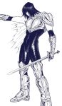  1other armor black_hair cape dante_(rottendevilman) deltarune highres holding kris_(dark_world)_(deltarune) kris_(deltarune) other_focus shiny_clothes simple_background skin_tight standing sword weapon 