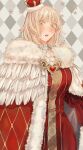  1girl alice's_adventures_in_wonderland alt_text arched_crown argyle_background blonde_hair blush cape colored_eyelashes cosplay crown detached_collar dress dungeon_meshi falin_touden falin_touden_(tallman) feathers fur-trimmed_cape fur_trim highres juliet_sleeves lipstick long_sleeves looking_at_viewer makeup mini_crown parted_lips puffy_sleeves queen_of_hearts_(alice_in_wonderland) queen_of_hearts_(alice_in_wonderland)_(cosplay) red_cape red_dress red_lips sasakura34 short_hair solo star_(symbol) white_feathers yellow_eyes 