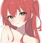  1girl artist_logo artist_name bare_shoulders blush bocchi_the_rock! commentary crossed_bangs dated_commentary green_eyes hair_between_eyes highres kita_ikuyo logo looking_at_viewer medium_hair minusk9 one_side_up red_hair simple_background solo upper_body white_background 
