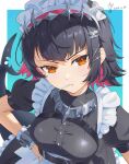  1girl absurdres apron black_hair blue_background breasts candy closed_mouth diechong ellen_joe fins fish_tail food frilled_apron frilled_hairband frilled_wrist_cuffs frills hair_ornament hairband hand_on_own_hip highres large_breasts lollipop lollipop_in_mouth looking_at_viewer maid maid_apron maid_headdress orange_eyes puffy_short_sleeves puffy_sleeves red_hair shark_girl shark_tail short_hair short_sleeves simple_background tail white_apron wrist_cuffs x_hair_ornament zenless_zone_zero 