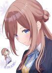  1girl absurdres blazer blue_eyes blue_jacket blue_ribbon blush brown_hair character_name clumsy_trick_(idolmaster) commentary_request gakuen_idolmaster hatsuboshi_gakuen_school_uniform highres himesaki_rinami idolmaster jacket light_blush long_hair looking_at_viewer multiple_views neck_ribbon ribbon school_uniform shirt suetan922 sweater upper_body white_shirt yellow_sweater 