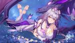  1girl 1other absurdres ass asymmetrical_gloves bare_shoulders black_tiara breasts bright_pupils bug butterfly butterfly_earrings castorice_(honkai:_star_rail) cleavage commentary_request dawn02 dragon dress earrings elbow_gloves feet_up field flower flower_field gloves hair_flower hair_ornament hand_in_own_hair highres honkai:_star_rail honkai_(series) jewelry large_breasts legwear_cutout long_hair looking_at_viewer low-tied_long_hair low_twintails lying night night_sky on_stomach outdoors parted_lips pointy_ears pollux_(honkai:_star_rail) purple_butterfly purple_eyes purple_gloves purple_hair purple_thighhighs second-party_source shallow_water single_elbow_glove sky soles star_(sky) starry_sky thighhighs tiara toes twintails very_long_hair water white_dress white_pupils 