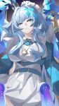  1girl absurdres alternate_costume blue_eyes blue_hair blue_lips breasts cane cerydra_(honkai:_star_rail) commentary_request crown dress evzeva hair_intakes highres honkai:_star_rail honkai_(series) large_breasts lipstick long_hair makeup mini_crown solo white_dress 