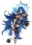  1girl absurdres ahoge armored_boots ball_and_chain_restraint black_bridal_gauntlets blue_hair blue_nails blue_wings blush boots breasts bridal_gauntlets broken_horn brown_eyes chain collar cuffs earrings feather_boa feathered_wings fire flaming_skull hair_between_eyes halo high_heel_boots high_heels highres holding holding_skull hominamia horns indie_virtual_youtuber jewelry large_breasts leotard low_wings metal_collar navel open_mouth oumiya_emma oumiya_emma_(2.0) pelvic_curtain pointy_ears second-party_source see-through_cleavage see-through_clothes see-through_leotard single_thighhigh skull smile solo thighhighs tiara torn_clothes torn_leotard virtual_youtuber white_background wings 