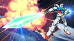 earth_(planet) explosive gundam highres holding holding_weapon katana kobakin mecha mobile_suit mobile_suit_gundam no_humans planet robot rx-78-2_gundam scene_reference science_fiction solo space sword v-fin weapon yellow_eyes yuuki_bakuhatsu_bang_bravern 