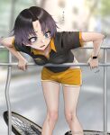  1boy bangs bicycle black_hair black_shirt blue_eyes blurry blurry_background brand_name_imitation breasts bruise bulge buttons collared_shirt commentary_request company_name crossdressing day depth_of_field dolphin_shorts feet_out_of_frame gradient_hair ground_vehicle highres ikemeru19 ikemeru19&#039;s_delivery_boy injury leaning_forward male_focus manboobs medium_breasts multicolored_hair orange_shorts original otoko_no_ko outdoors parted_bangs patreon_username polo_shirt pornhub purple_hair shirt short_hair short_shorts shorts signature smartwatch solo standing sweatdrop tearing_up thighs translation_request trapped twitter_username 