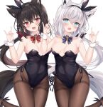  2girls ahoge animal_ears bangs bare_shoulders black_hair black_leotard blue_eyes blush breasts cleavage commentary_request covered_navel crossed_bangs detached_collar dual_persona embarrassed fox_ears fox_girl fox_shadow_puppet fox_tail hairband highres hololive kurokami_fubuki leotard long_hair low_ponytail medium_breasts multiple_girls neck_ribbon open_mouth pantyhose playboy_bunny red_eyes retsuto ribbon shirakami_fubuki simple_background smile standing tail thigh_gap thighband_pantyhose very_long_hair virtual_youtuber white_background white_hair wrist_cuffs 