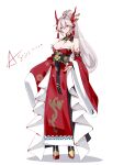  1girl 2024 absurdres artist_name asin bare_shoulders breasts bridal_gauntlets chinese_clothes chinese_zodiac cleavage closed_mouth dated detached_collar detached_sleeves dragon_girl dragon_horns dragon_print dress full_body grey_hair hair_between_eyes hair_ornament hair_stick highres horns japanese_clothes jewelry kimono large_breasts long_hair long_sleeves looking_at_viewer multicolored_hair obi original ponytail red_dress red_eyes red_kimono red_sleeves sash signature simple_background solo standing streaked_hair very_long_hair white_background white_hair wide_sleeves year_of_the_dragon 