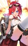  1girl :3 absurdres akinoji_(akiponpon27) black_choker black_panties black_skirt blue_archive blurry blurry_background breasts choker cleavage commentary_request explosion fang gloves goggles goggles_on_head grey_gloves hair_between_eyes hair_ornament halo highres horns large_breasts looking_at_viewer megu_(blue_archive) open_mouth panties pantyshot partial_commentary pointy_ears ponytail purple_eyes red_gloves red_hair red_halo signature skirt solo tank_top tongue two-tone_gloves underwear white_tank_top 