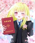  1girl arisuuuuu.1436 cherry_blossoms diploma falling_petals graduation highres ibispaint_(medium) original petals pink_eyes school_uniform tearing_up 