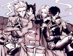  2girls alternate_universe archer_(fate) artist_request bad_id bad_pixiv_id boots bow closed_eyes closed_mouth coat collared_coat couch couple crossed_arms crossed_legs crossover cup edelgard_von_hresvelg fate/stay_night fate_(series) fire_emblem fire_emblem:_three_houses friends gloves hair_bow hair_over_one_eye hair_ribbon hair_slicked_back hand_on_another&#039;s_head head_tilt high_collar holding holding_cup hubert_von_vestra hug hug_from_behind juliet_sleeves leaning_back leaning_forward leaning_on_object light_smile long_hair long_sleeves looking_at_another looking_to_the_side master_and_servant monochrome multiple_girls muscular muscular_male on_couch parted_bangs puffy_sleeves purple_background ribbon short_hair simple_background sitting smoke smoke_trail teacup tohsaka_rin twintails 
