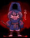  1other androgynous angry aodo_mikan baggy_pants black_background blue_hair blue_hat closed_mouth commentary_request fog frown full_body furrowed_brow hands_on_own_hips hat highres japanese_clothes kariginu kashiwagi_kaoru len&#039;en long_sleeves other_focus outline pagoda pants purple_eyes red_outline shirt shoes short_hair sleeves_past_fingers sleeves_past_wrists solo sweatdrop tate_eboshi translation_request v-shaped_eyebrows white_pants white_shirt white_shoes wide_sleeves 