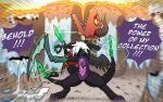 16:10 bat_wings blurred_background dialogue dracony dragon duo english_text feathered_wings feathers feral green_eyes hair hi_res lucretiar male membrane_(anatomy) membranous_wings mythological_creature mythological_scalie mythology patchwork_creature purple_body scalie tail text torment_(potzm) vavacung weapon_tail white_hair widescreen wings