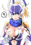  1girl ? absurdres ahoge artoria_pendragon_(fate) black_bra blonde_hair blue_eyes blue_leotard blue_scarf blush bra breasts center_opening cleavage elbow_gloves fate/grand_order fate_(series) gauntlets gloves helmet highres large_breasts leotard long_hair looking_at_viewer mysterious_heroine_xx_(fate) mysterious_heroine_xx_(second_ascension)_(fate) open_mouth ponytail s4ika scarf sidelocks solo underwear 