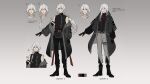 1boy a_date_with_death alternate_costume arm_belt belt black_boots black_gloves black_leggings boots casper_(a_date_with_death) elbow_gloves gloves grey_jacket hair_over_shoulder highres hood hood_down jacket jacket_partially_removed leggings long_hair looking_at_viewer male_focus multiple_belts multiple_views non-web_source official_art outstretched_arm red_eyes reference_sheet sidelocks single_elbow_glove sleeveless sleeveless_turtleneck solo turtleneck variant_set white_hair 