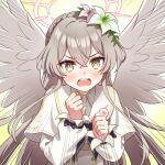  1girl black_necktie blue_archive brown_hair capelet dress emphasis_lines feathered_wings flower gesupi_(provlemsolver57) hair_between_eyes hair_flower hair_ornament halo hands_up highres long_hair long_sleeves nagisa_(blue_archive) necktie open_mouth pink_flower red_halo solo upper_body white_capelet white_dress white_flower white_wings wings yellow_eyes 