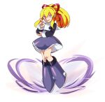  1girl android armored_boots black_sleeves blonde_hair boots capcom dress evil_smile floating hair_between_eyes hair_ribbon highres joints knee_boots long_hair long_sleeves looking_at_viewer marvel_vs._capcom mechanical_boots mega_man_(series) mega_man_x_(series) mega_man_x_dive miniskirt purple_dress purple_skirt red_eyes red_ribbon ribbon robot_girl robot_joints roll_(mega_man) sadfg02 sidelocks simple_background skirt smile solo white_background 
