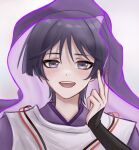  1boy armor black_hair blunt_ends blush clothing_cutout delisha_lia eyeliner eyeshadow fingernails genshin_impact grey_eyes hand_up highres japanese_armor japanese_clothes kariginu kimono kote kurokote layered_sleeves looking_at_viewer makeup male_focus open_mouth portrait purple_kimono purple_veil red_eyeliner red_eyeshadow scaramouche_(genshin_impact) scaramouche_(kabukimono)_(genshin_impact) shoulder_cutout signature solo string teeth tsurime upper_teeth_only v veil white_background 