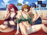  1boy 2girls abs amagi_yukiko beach bikini bikini_top_only blue_hair breasts brown_eyes brown_hair gameplay_mechanics green_bikini iori_junpei kirijou_mitsuru kitagawa_yuusuke mayonnaisenais3 medium_breasts multiple_girls persona persona_3 persona_4 persona_5 red_hair satonaka_chie short_hair sitting sweat swimsuit takamaki_anne toned toned_female 