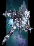  absurdres bazooka_(gundam) beam_rifle char&#039;s_counterattack commentary_request energy_gun exhaust fin_funnels green_eyes gun gundam highres holding holding_gun holding_weapon li_li_li_li_jun looking_at_viewer mecha mecha_focus mobile_suit no_humans nu_gundam pointing pointing_at_viewer robot science_fiction shield solo thrusters v-fin weapon 