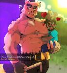  2boys ? abs absurdres animal_ears axe baby_carry bara blurry blurry_background box_body carrying closed_eyes cowboy_shot dark-skinned_male dark_skin earrings eyebrow_piercing face_piercing fingerless_gloves gloves heart highres holding holding_axe huge_eyebrows jewelry makota_toh male_focus minecraft minecraft_axe multiple_boys nether_portal outdoors pants pectorals piercing pig_boy pig_ears pig_nose piglin piglin_brute pixel_heart pixel_text reverse_grip scar scar_on_chest scar_on_chin scar_on_face size_difference steve_(minecraft) strongman_waist topless_male torn_clothes torn_pants tusks twitter_username yaoi 