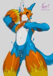 2025 anthro armor athletic athletic_anthro athletic_male bandai_namco blue_body clothed clothing clothing_lift crop_top digimon digimon_(species) digital_drawing_(artwork) digital_media_(artwork) dragon evolution evolution_(transformation) featureless_crotch flamedramon headgear helmet hi_res looking_at_viewer low-angle_view male midriff mythological_creature mythological_scalie mythology navel negy raised_arm raised_clothing red_eyes scalie shirt shirt_lift simple_background slim solo tail topwear transformation white_background wireframe