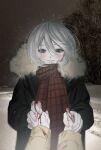  1girl 1other black_jacket blood blood_on_hands blue_eyes blush fur-trimmed_jacket fur_trim hair_between_eyes highres holding_hands interlocked_fingers jacket looking_at_viewer night original outdoors pale_skin pov pov_hands red_pupils red_scarf riroi_(rntr_ll) scarf smile snow snowing tree white_hair wind winter winter_clothes 