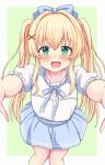 1girl :d blonde_hair blue_bow blue_bowtie blue_skirt blush border bow bowtie commentary feet_out_of_frame foreshortening from_above green_background green_eyes hair_between_eyes hair_bow hair_intakes happy highres incoming_hug long_hair looking_at_viewer nootomo official_alternate_costume open_mouth outside_border pov shirt short_sleeves sidelocks simple_background skirt smile solo standing straight-on straight_hair summer_pockets tsumugi_wenders twintails very_long_hair white_border white_shirt 