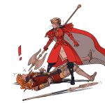 ! 1boy 1girl arm_guards armored_boots axe battle_axe blush boots cape coat collared_cape collared_coat commentary_request couple defeat double_bun dress edelgard_von_hresvelg edelgard_von_hresvelg_(timeskip) fake_horns ferdinand_von_aegir ferdinand_von_aegir_(timeskip) fire_emblem fire_emblem:_three_houses from_side hair_between_eyes hair_bun headpiece hetero holding holding_axe holding_weapon horns long_hair long_sleeves looking_at_another looking_at_object looking_down looking_to_the_side looking_up lying nervous_sweating on_back on_ground open_mouth orange_eyes orange_hair pants polearm red_cape red_coat red_dress rijinks shade shadow simple_background standing surprised sweat wavy_hair weapon white_background white_hair wide-eyed 