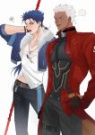  2boys archer_(fate) archer_(honkai:_star_rail)_(fate) belt black_shirt blank_speech_bubble blue_hair bracelet ccinnamonka crescent crescent_necklace cu_chulainn_(fate) cu_chulainn_(fate/stay_night) cu_chulainn_(honkai:_star_rail)_(fate) dark-skinned_male dark_skin denim earrings fate_(series) fur-trimmed_jacket fur_trim gae_bolg_(fate) grey_eyes hair_tubes hand_on_own_hip highres holding holding_polearm holding_weapon honkai:_star_rail honkai_(series) jacket jeans jewelry long_hair male_focus multiple_boys necklace one_eye_closed open_mouth pants polearm ponytail red_eyes red_jacket shirt short_hair simple_background single_hair_tube speech_bubble thigh_strap weapon white_background white_hair white_shirt 